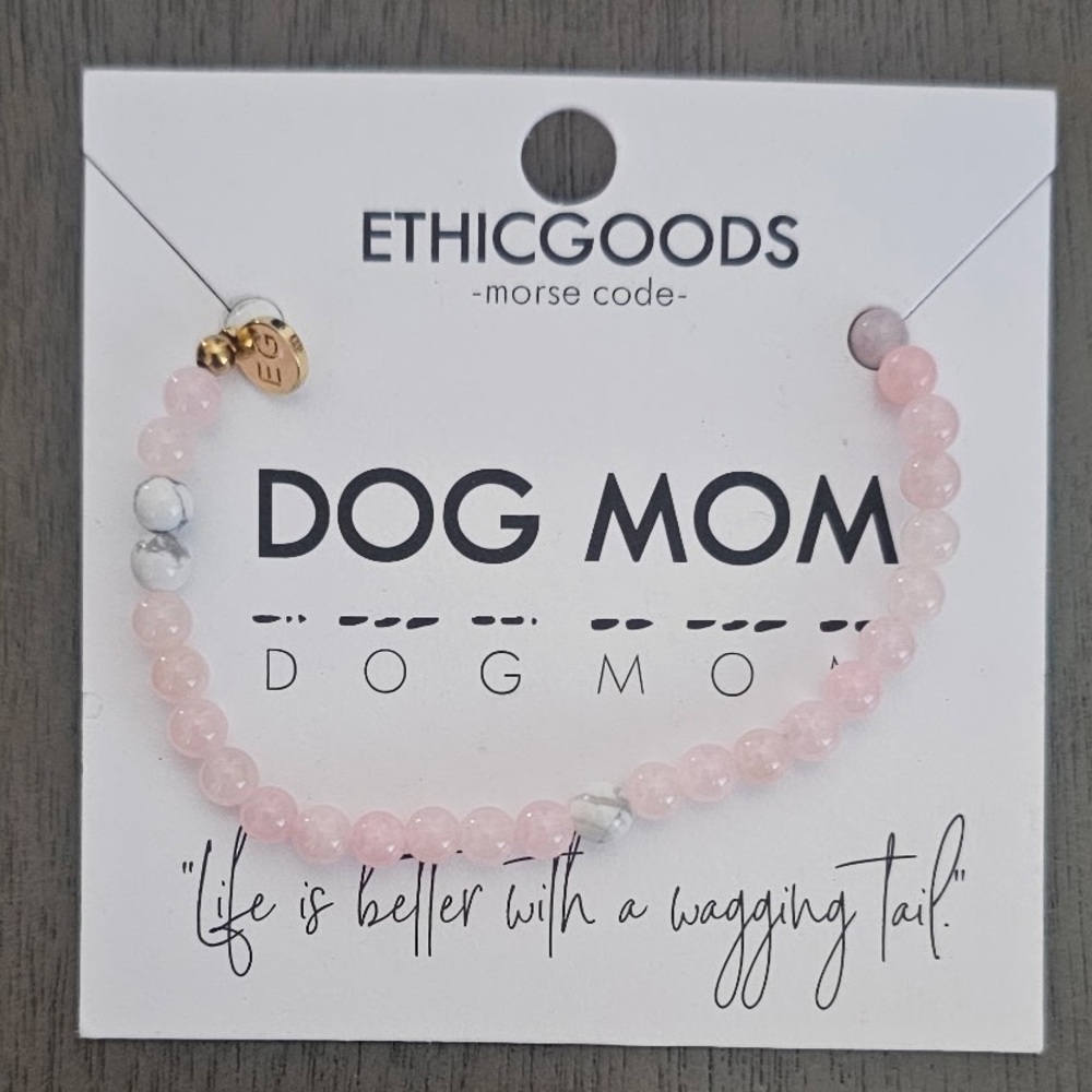 EthicGoods "Dog Mom"  Morse Code Beaded Bracelet - Rose Quartz